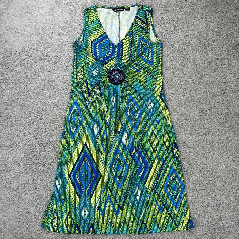 Nina Leonard Blue and Green Dress with beaded centerpiece Women's Sz Small